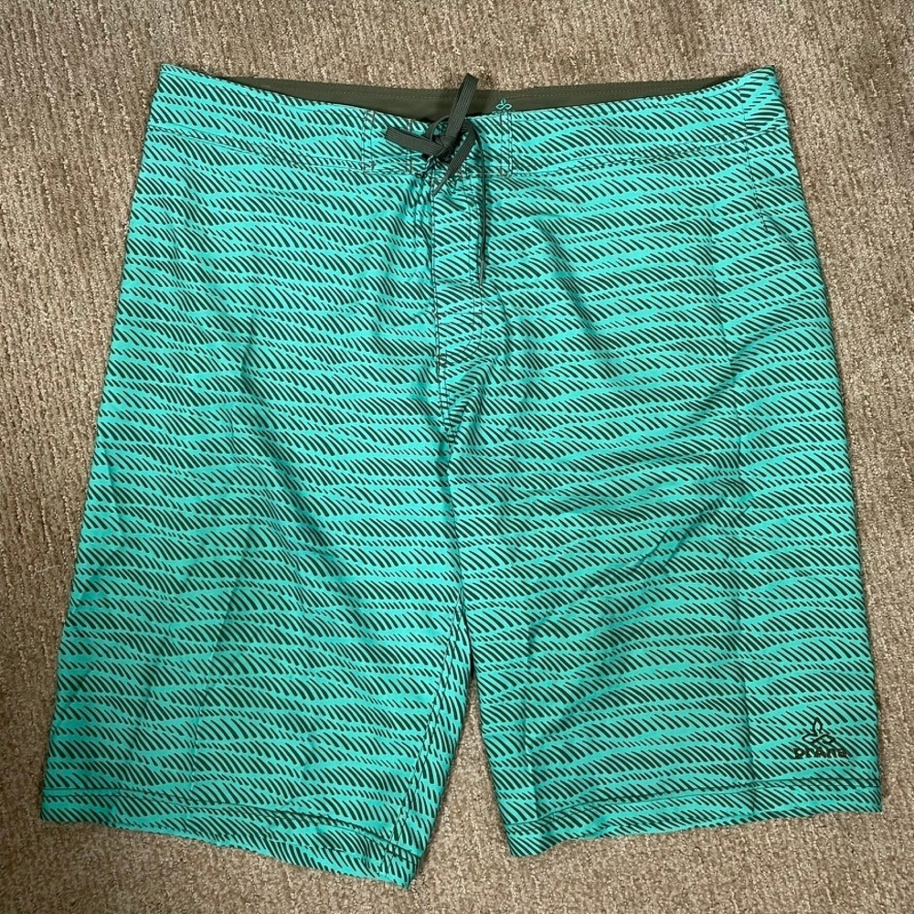 prAna Board Shorts Mens 40 Teal Black Geometric UPF 50+ Swim Trunks Excellent